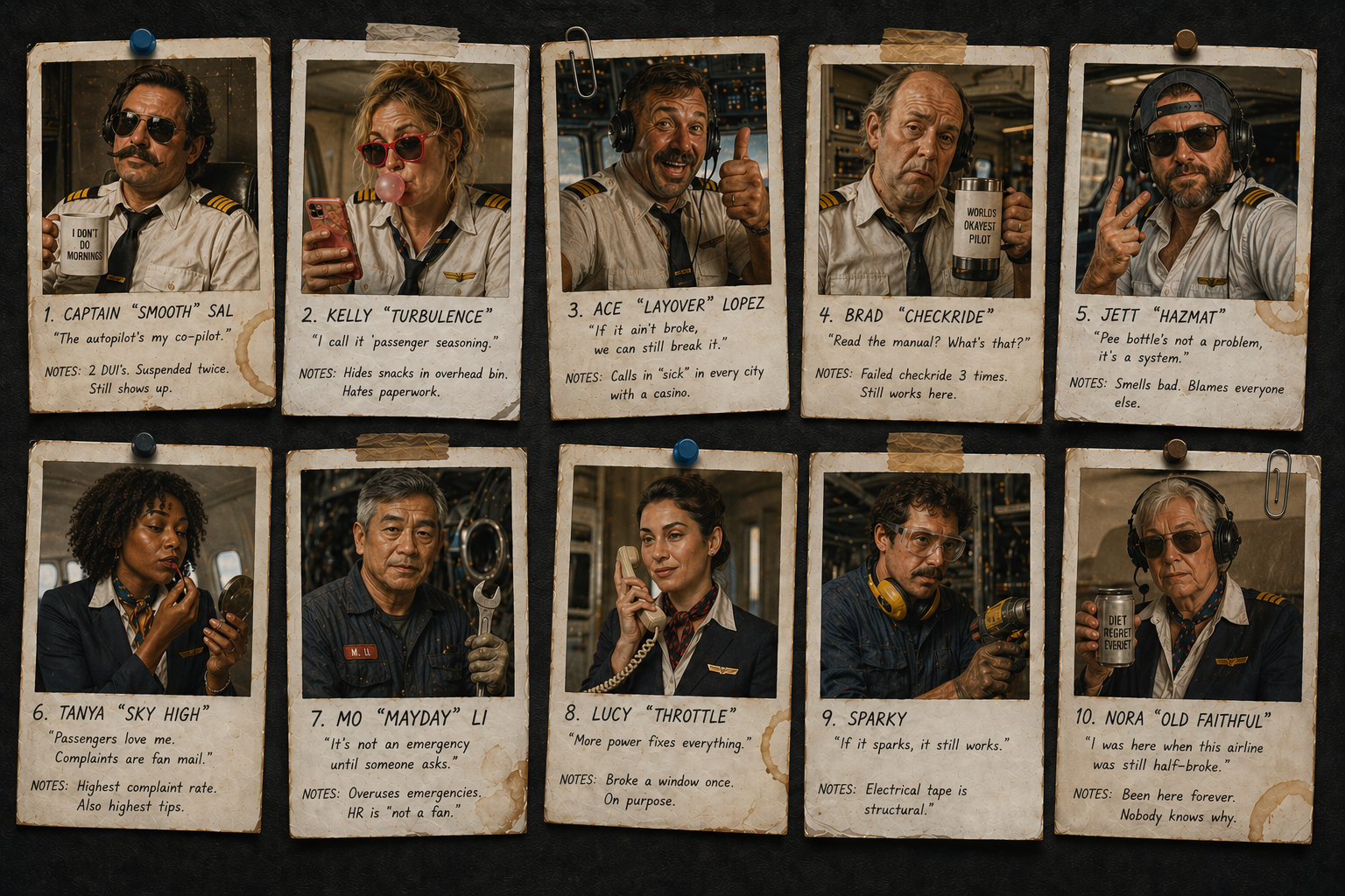 The Dodgy Air pilot roster — ten polaroids on a corkboard